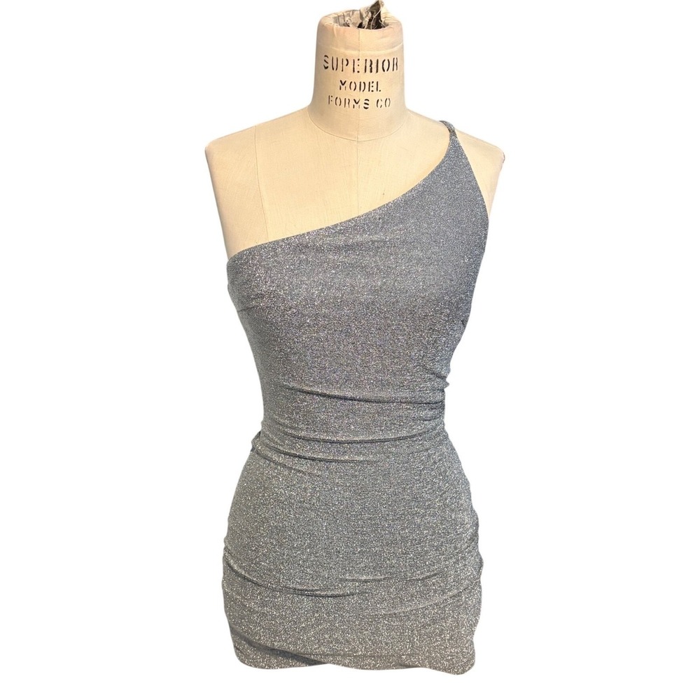 Princess Polly One-Shoulder Glitter Silver Dress Grey lining Party Festival 4‎